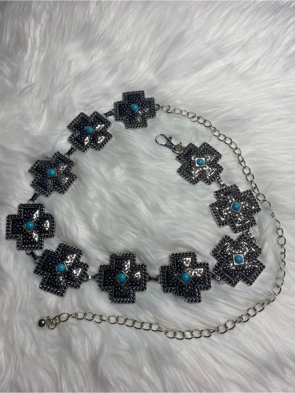 Silver-Tone Turquoise Cross Link Belt